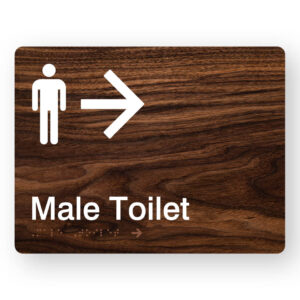 Male Toilet (Right Arrow) Braille Sign in Dark Woodgrain - Image 1