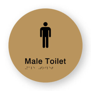 Male Toilet Braille Sign on a Tactile Printed Gold Acrylic Disk - Image 1