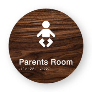 Parents Room Braille Sign on a Tactile Printed Dark Woodgrain Acrylic Disk - Image 1