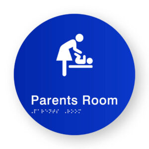 Parents Room Braille Sign on a Tactile Printed Blue Acrylic Disk