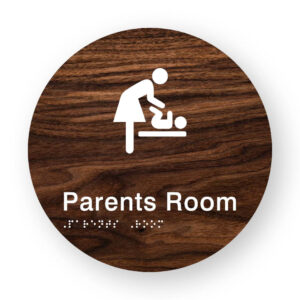 Parents Room Braille Sign on a Tactile Printed Dark Woodgrain Acrylic Disk