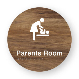 Parents Room Braille Sign on a Tactile Printed Mid-Woodgrain Acrylic Disk