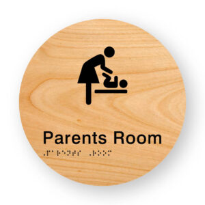 Parents Room Braille Sign on a Tactile Printed Woodgrain Acrylic Disk