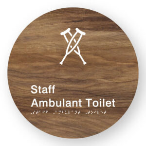 Staff Ambulant Toilet Braille Sign on a Tactile Printed Mid-Woodgrain Acrylic Disk - Image 1