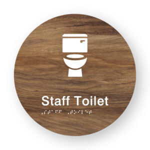 Staff Toilet Braille Sign on a Tactile Printed Mid-Woodgrain Acrylic Disk - Image 1