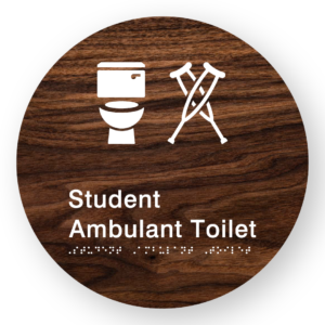 Student Ambulant Toilet Braille Sign on a Tactile Printed Dark Woodgrain Acrylic Disk - Image 1