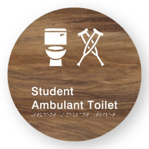 Student Ambulant Toilet Braille Sign on a Tactile Printed Mid-Woodgrain Acrylic Disk - Image 1