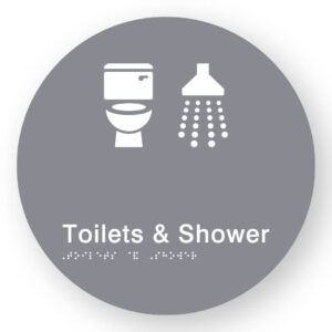 Toilets & Shower Braille Sign on a Tactile Printed Grey Acrylic Disk