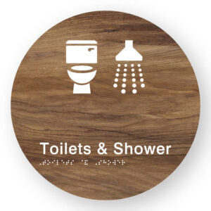 Toilets & Shower Braille Sign on a Tactile Printed Mid-Woodgrain Acrylic Disk - Image 1