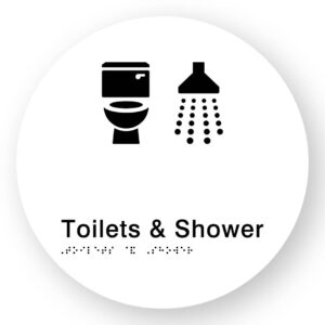 Toilets & Shower Braille Sign on a Tactile Printed White Acrylic Disk - Image 1