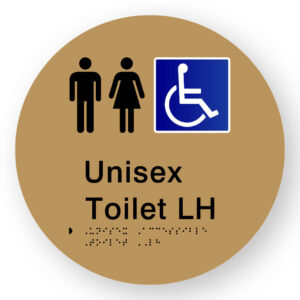Unisex Accessible Toilet LH Braille Sign on a Tactile Printed Gold Acrylic Disk - Image 1