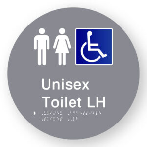 Unisex Accessible Toilet LH Braille Sign on a Tactile Printed Grey Acrylic Disk