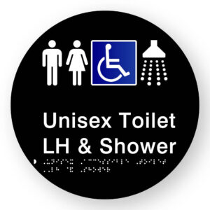 Unisex Accessible Toilet LH & Shower Braille Sign on a Tactile Printed Black Acrylic Disk - Image 1