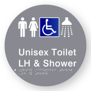Accessible Toilet LH & Shower Braille Sign on a Tactile Printed Grey Acrylic Disk