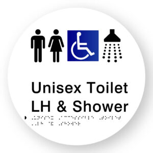 Unisex Accessible Toilet LH & Shower Braille Sign on a Tactile Printed White Acrylic Disk - Image 1