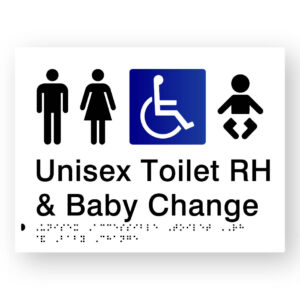 Unisex Accessible Toilet RH & Baby Change Braille Sign in White Tactile Printed Acrylic