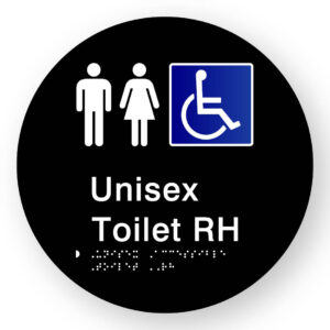 Unisex Accessible Toilet RH Braille Sign on a Tactile Printed Black Acrylic Disk - Image 1