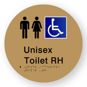 Unisex Accessible Toilet RH Braille Sign on a Tactile Printed Gold Acrylic Disk - Image 1