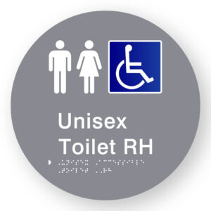 Unisex Accessible Toilet RH Braille Sign on a Tactile Printed Grey Acrylic Disk