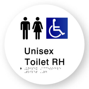 Unisex Accessible Toilet RH Braille Sign on a Tactile Printed White Acrylic Disk