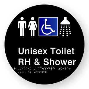 Unisex Accessible Toilet RH & Shower Braille Sign on a Tactile Printed Black Acrylic Disk - Image 1