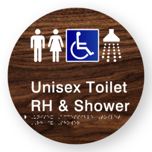 Unisex Accessible Toilet RH & Shower Braille Sign on a Tactile Printed Dark Woodgrain Acrylic Disk - Image 1
