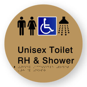Unisex Accessible Toilet RH & Shower Braille Sign on a Tactile Printed Gold Acrylic Disk - Image 1