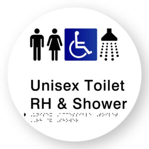 Unisex Accessible Toilet RH & Shower Braille Sign on a Tactile Printed White Acrylic Disk - Image 1