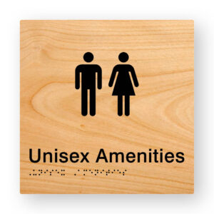 Unisex Amenities Braille Sign in Woodgrain Tactile Printed Acrylic - Image 1