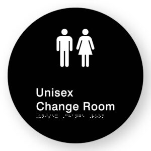 Unisex Change Room Braille Sign on a Tactile Printed Black Acrylic Disk - Image 1