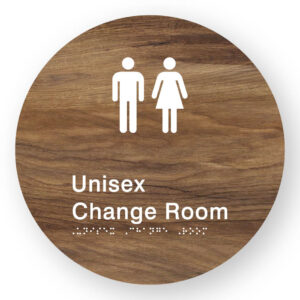 Unisex Change Room Braille Sign on a Tactile Printed Mid-Woodgrain Acrylic Disk - Image 1