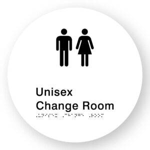 Unisex Change Room Braille Sign on a Tactile Printed White Acrylic Disk - Image 1