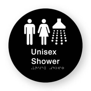 Unisex Shower Braille Sign on a Tactile Printed Black Acrylic Disk - Image 1