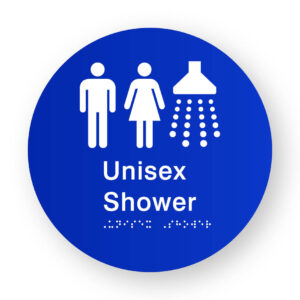 Unisex Shower Braille Sign on a Tactile Printed Blue Acrylic Disk - Image 1