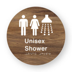 Unisex Shower Braille Sign on a Tactile Printed Mid-Woodgrain Acrylic Disk - Image 1