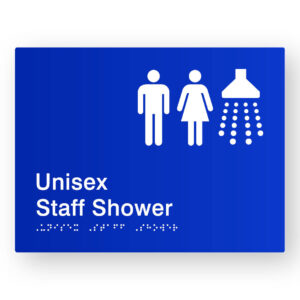 Unisex Staff Shower Braille Sign in Blue Tactile Printed Acrylic