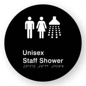 Unisex Staff Shower Braille Sign on a Tactile Printed Black Acrylic Disk - Image 1