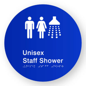 Unisex Staff Shower Braille Sign on a Tactile Printed Blue Acrylic Disk - Image 1