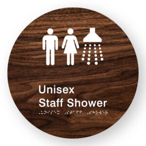 Unisex Staff Shower Braille Sign on a Tactile Printed Dark Woodgrain Acrylic Disk - Image 1
