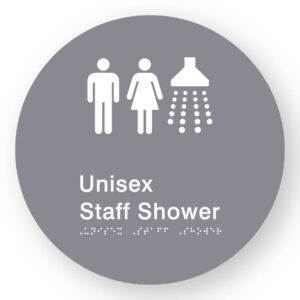 Unisex Staff Shower Braille Sign on a Tactile Printed Grey Acrylic Disk