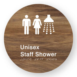Unisex Staff Shower Braille Sign on a Tactile Printed Mid-Woodgrain Acrylic Disk - Image 1