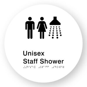 Unisex Staff Shower Braille Sign on a Tactile Printed White Acrylic Disk - Image 1