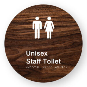 Unisex Staff Toilet Braille Sign on a Tactile Printed Dark Woodgrain Acrylic Disk - Image 1