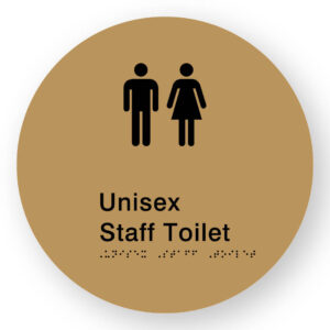 Unisex Staff Toilet Braille Sign on a Tactile Printed Gold Acrylic Disk - Image 1