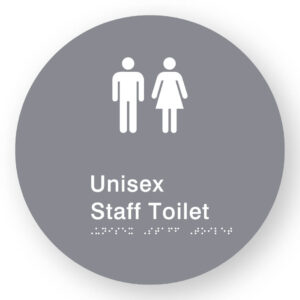 Unisex Staff Toilet Braille Sign on a Tactile Printed Grey Acrylic Disk