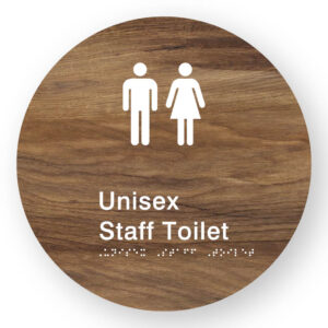 Unisex Staff Toilet Braille Sign on a Tactile Printed Mid-Woodgrain Acrylic Disk - Image 1