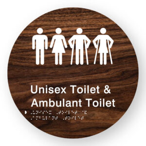 Unisex Toilet & Ambulant Toilet Braille Sign on a Tactile Printed Dark Woodgrain Acrylic Disk - Image 1