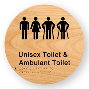 Unisex Toilet & Ambulant Toilet Braille Sign on a Tactile Printed Woodgrain Acrylic Disk