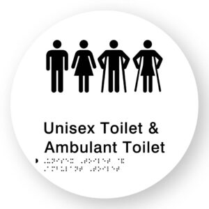 Unisex Toilet & Ambulant Toilet Braille Sign on a Tactile Printed White Acrylic Disk