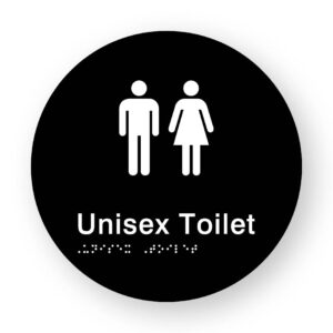 Unisex Toilet Braille Sign on a Tactile Printed Black Acrylic Disk